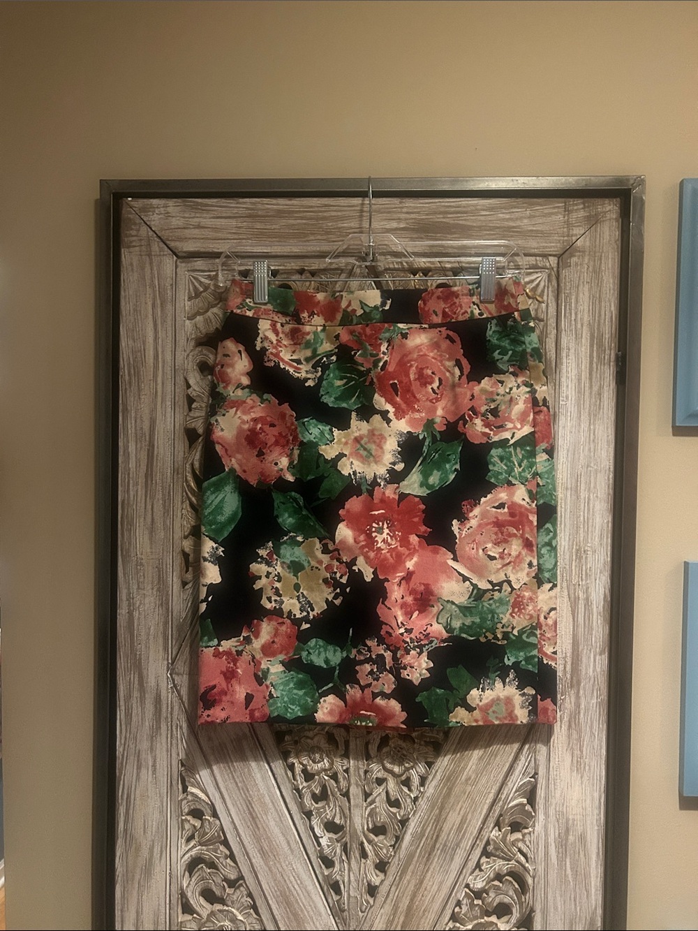Talbot Floral Pencil Skirt in Black with Coral and Green Bloom
